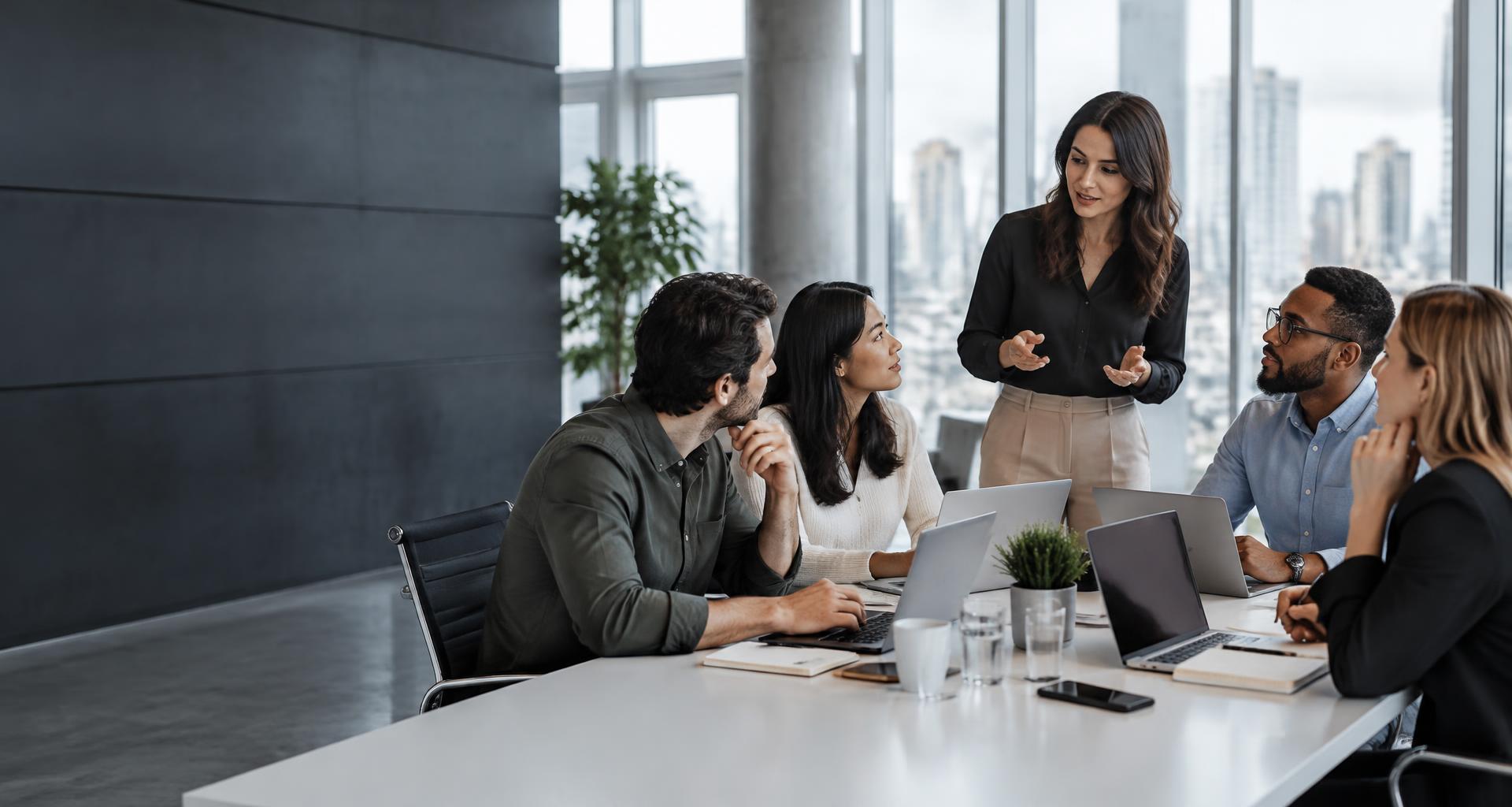 A diverse team collaborating around laptops in a modern office